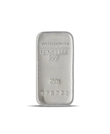 Puur 24K zilveren baar met een gewicht van 250 gram, verkrijgbaar bij VIRTU LUXURY