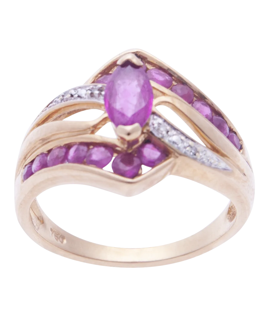 18K yellow gold ring set with rubies and diamonds, available at virtu luxury