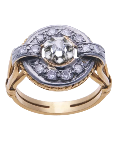 wedding band in 18k yellow and white gold, chiseled, set with diamonds