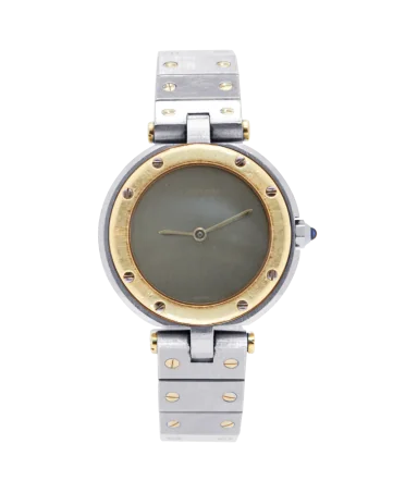 Santos Ronde stalen en geelgouden armbandhorloge. Verkrijgbaar bij VIRTU LUXURY.