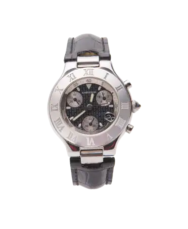 Chronoscaph 21 Stalen horloge van het horlogehuis CARTIER. Verkrijgbaar bij VIRTU LUXURY.