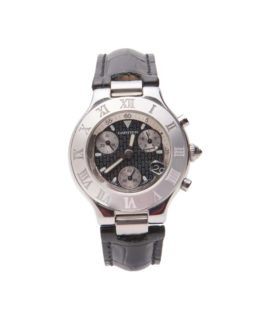 Chronoscaph 21 Stalen horloge van het horlogehuis CARTIER. Verkrijgbaar bij VIRTU LUXURY.