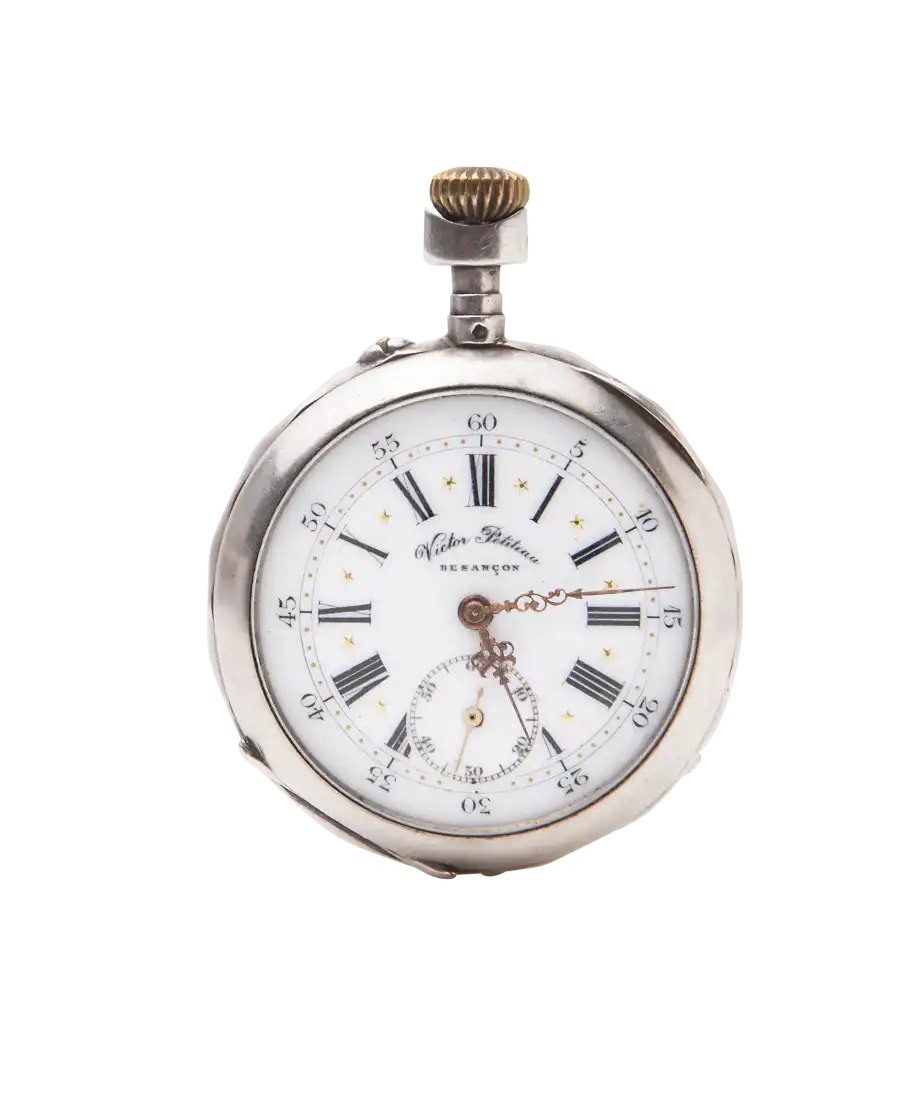 Zilveren zakhorloge van het merk VICTOR PETITEAU. Verkrijgbaar bij VIRTU LUXURY.