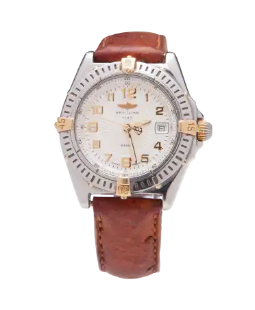Horloge in geelgoud en staal van het horlogehuis Breitling. Verkrijgbaar bij VIRTU LUXURY.