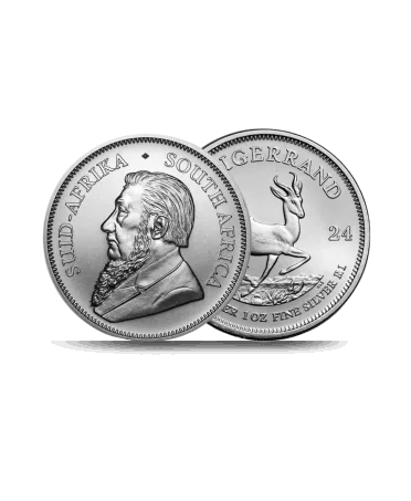 voor- en achterkant van de KRUGERRAND 1OUNCE SILVER munt bij VIRTU LUXURY