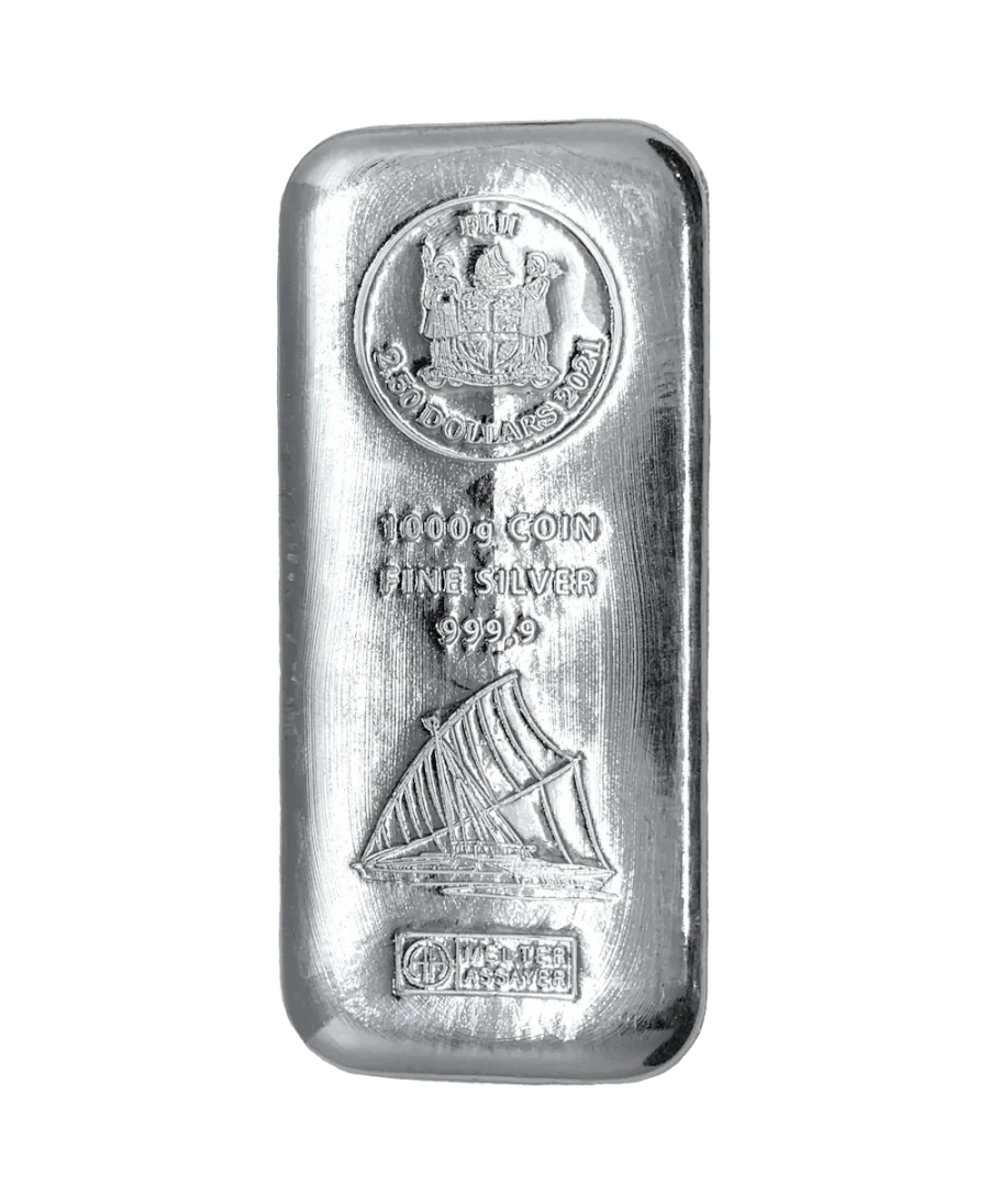 zilveren staaf van 1000 gram van de Fiji-eilanden met een nominale waarde van 2,5 dollar ZONDER BTW