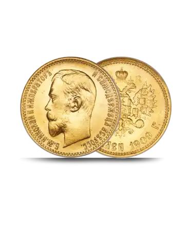 Voor- en achterkant van de 5 ROEBEL Russische gouden munt met de beeltenis van NICOLAS II verkrijgbaar bij VIRTU LUXURY