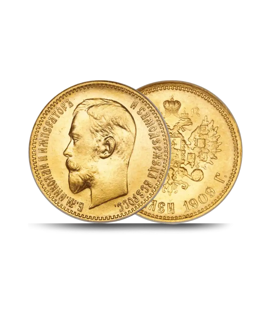 Voor- en achterkant van de 5 ROEBEL Russische gouden munt met de beeltenis van NICOLAS II verkrijgbaar bij VIRTU LUXURY Voor- en achterkant van de 5 ROEBEL Russische gouden munt met de beeltenis van NICOLAS II verkrijgbaar bij VIRTU LUXURY