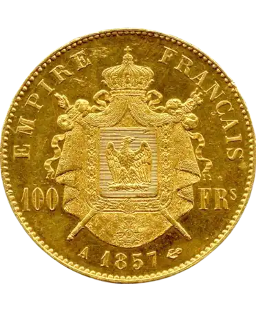 Revers de la pièce 100 Francs Or Napoléon III Tête Non Laurée en vente chez VIRTU LUXURY