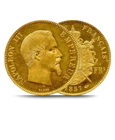 Voor- en achterkant van de gouden 100 Francs NAPOLEON III MUNT ZONDER LAURIERKRANS verkrijgbaar bij VIRTU LUXURY