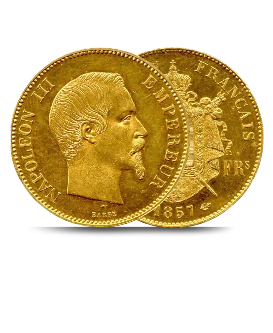 Voor- en achterkant van de gouden 100 Francs NAPOLEON III MUNT ZONDER LAURIERKRANS verkrijgbaar bij VIRTU LUXURY
