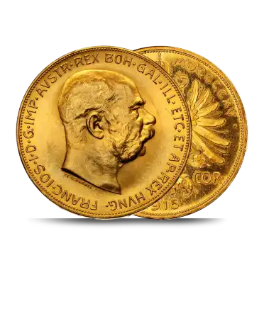 Voor- en achterkant van de 100 Oostenrijkse Kronen gouden munt 100 CORONA OOSTENRIJK verkrijgbaar bij VIRTU LUXURY