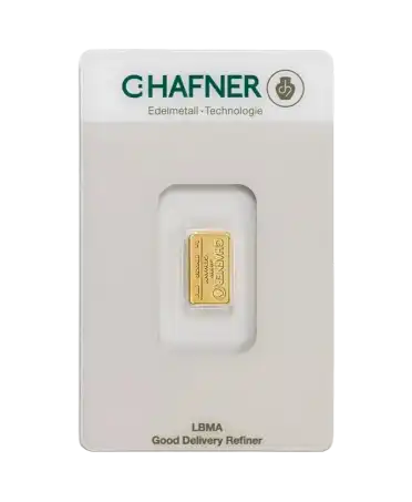 voorkant van de geslagen goudbaar van 1 gram van C. HAFNER van 24K puur goud te koop en verkrijgbaar bij VIRTU LUXURY