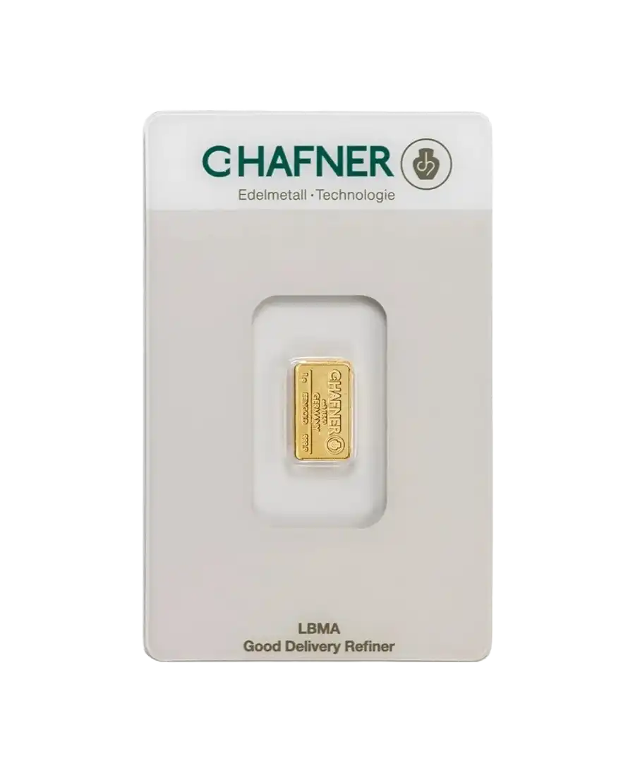 voorkant van de geslagen goudbaar van 1 gram van C. HAFNER van 24K puur goud te koop en verkrijgbaar bij VIRTU LUXURY