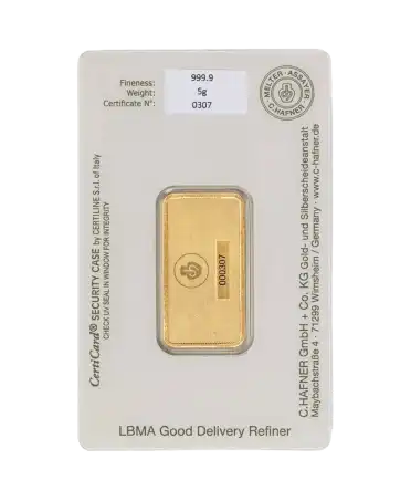 achterkant van de baar van 5 gram van C. HAFNER van zuiver 24K goud te koop bij VIRTU LUXURY