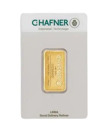 voorkant van de baar van 5 gram van C. HAFNER van zuiver 24K goud te koop bij VIRTU LUXURY