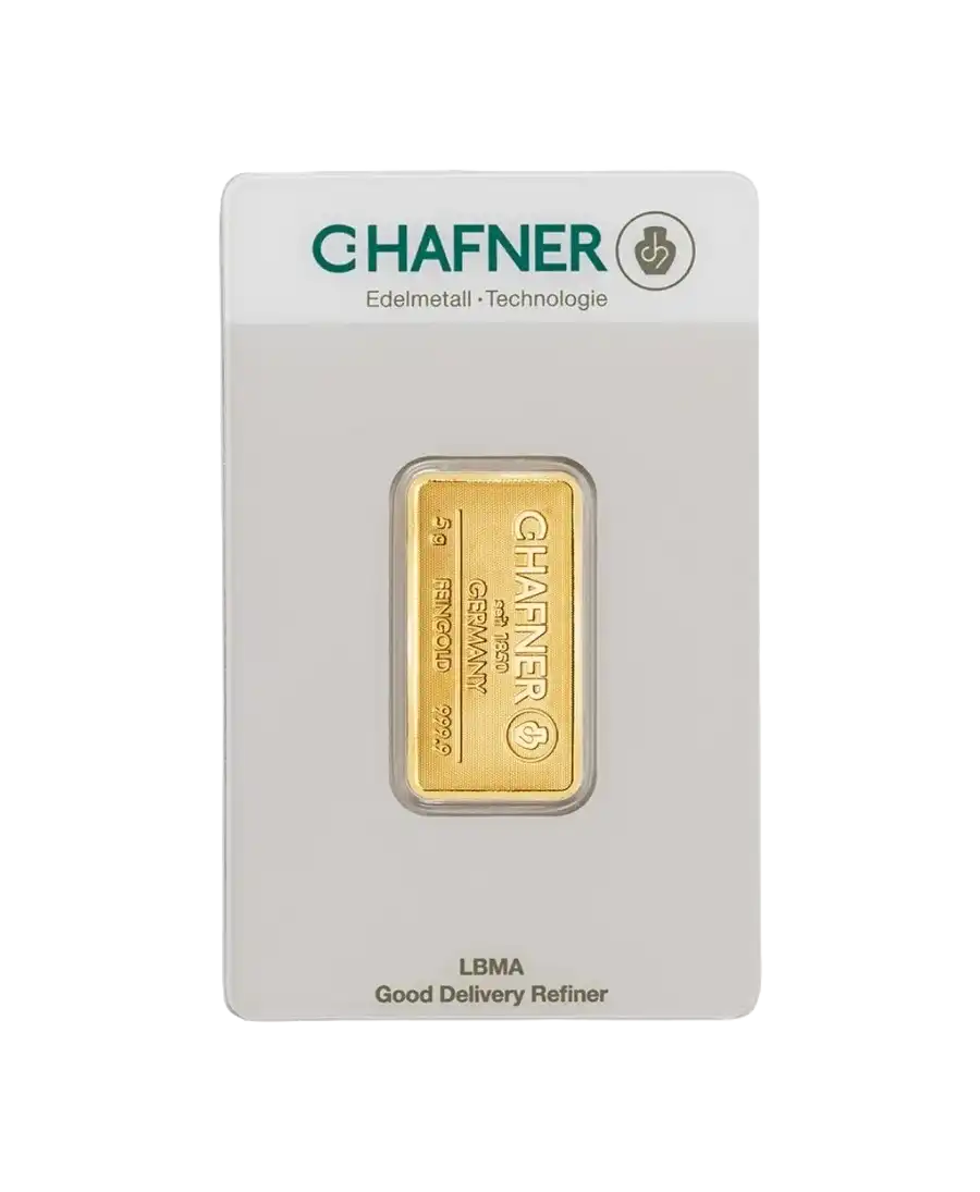 voorkant van de baar van 5 gram van C. HAFNER van zuiver 24K goud te koop bij VIRTU LUXURY
