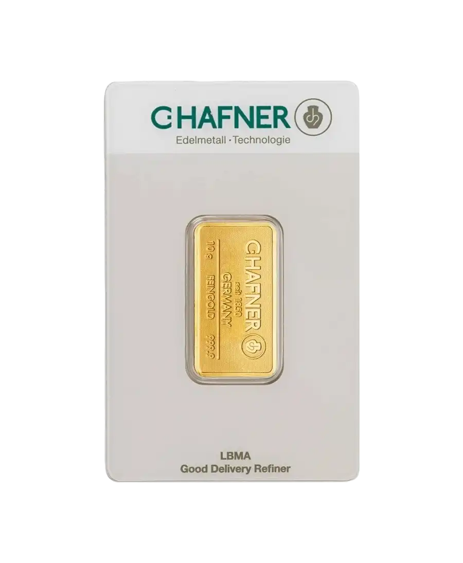 voorkant van de 10 gram C. HAFNER gerecycled 24K puur gouden staaf te koop verkrijgbaar bij VIRTU LUXURY