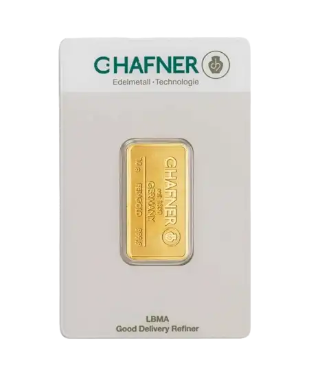 avant du lingotin étampé de 10 Grammes de C. HAFNER d'or pur 24K recyclé en vente disponible chez VIRTU LUXURY