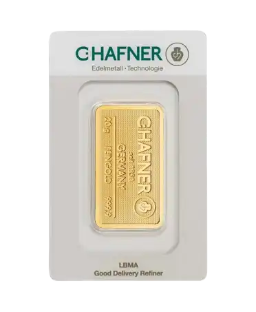 voorkant van de geslagen goudbaar van 20 gram van C. HAFNER van 24K puur goud te koop en verkrijgbaar bij VIRTU LUXURY
