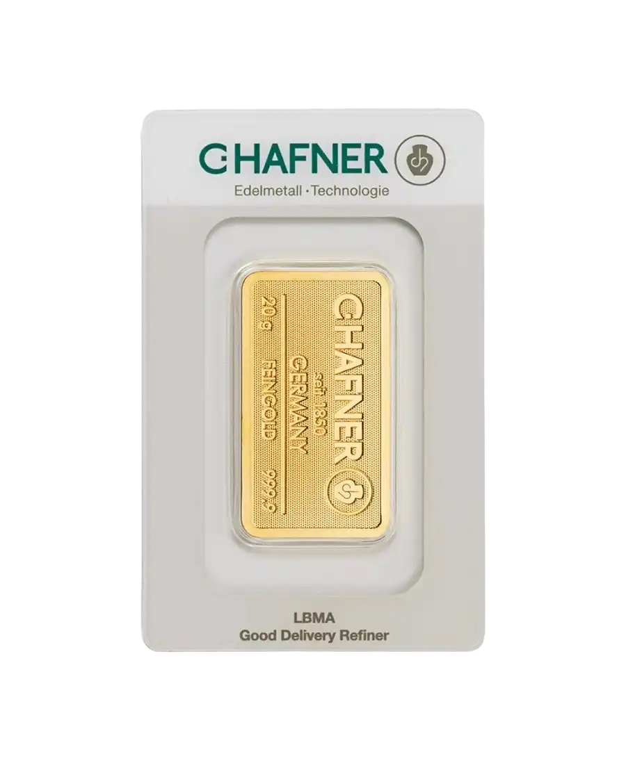 voorkant van de geslagen goudbaar van 20 gram van C. HAFNER van 24K puur goud te koop en verkrijgbaar bij VIRTU LUXURY voorkant van de geslagen goudbaar van 20 gram van C. HAFNER van 24K puur goud te koop en verkrijgbaar bij VIRTU LUXURY
