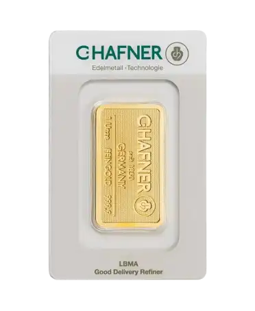 voorkant van de goudbaar van 1 troy ounce van C. HAFNER van zuiver 24k goud te koop en verkrijgbaar bij VIRTU LUXURY