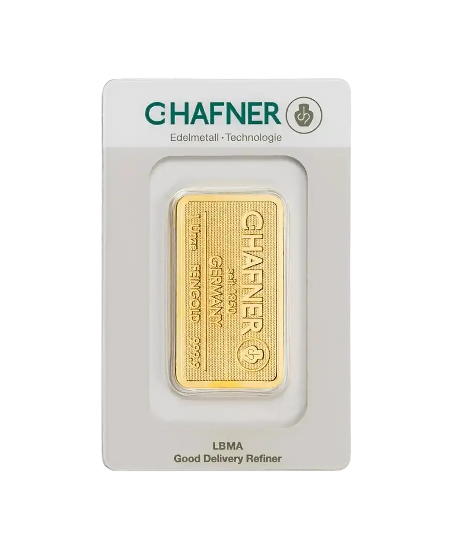 voorkant van de goudbaar van 1 troy ounce van C. HAFNER van zuiver 24k goud te koop en verkrijgbaar bij VIRTU LUXURY voorkant van de goudbaar van 1 troy ounce van C. HAFNER van zuiver 24k goud te koop en verkrijgbaar bij VIRTU LUXURY