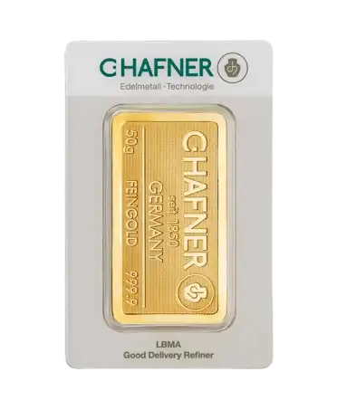 voorkant van de gestempelde staaf van 50 gram C. HAFNER puur 24K goud te koop beschikbaar bij VIRTU LUXURY