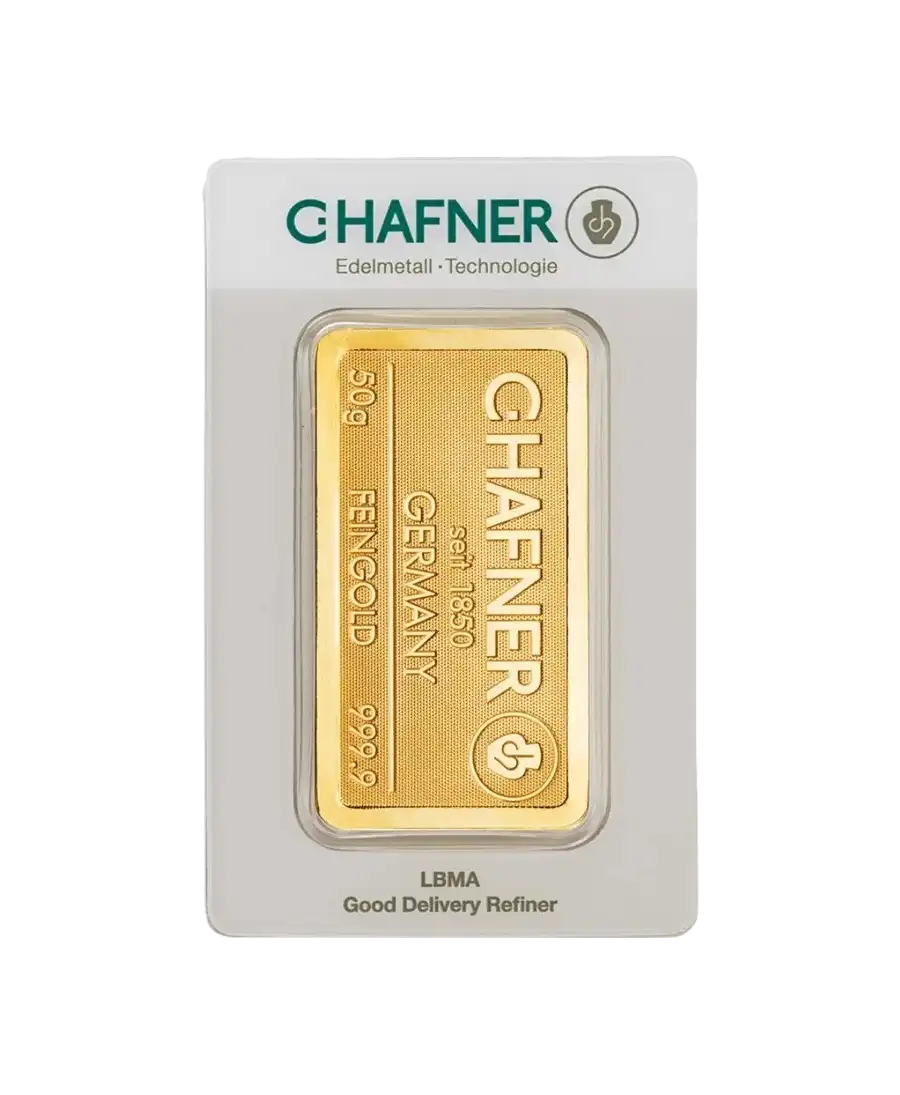 voorkant van de gestempelde staaf van 50 gram C. HAFNER puur 24K goud te koop beschikbaar bij VIRTU LUXURY
