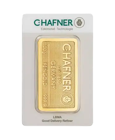 voorkant van de goudbaar van 100 gram van C. HAFNER van zuiver 24k goud te koop en verkrijgbaar bij VIRTU LUXURY