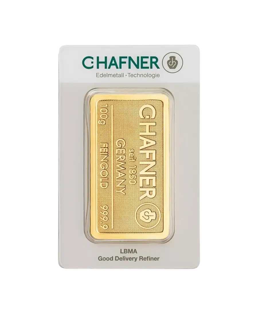 voorkant van de goudbaar van 100 gram van C. HAFNER van zuiver 24k goud te koop en verkrijgbaar bij VIRTU LUXURY