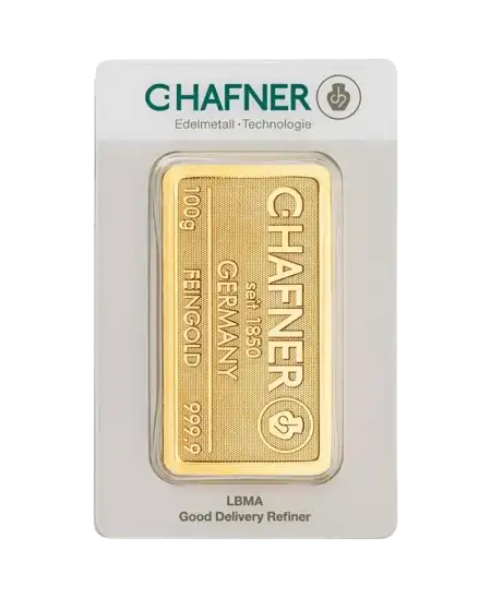 avant du lingot de 100 Grammes de C. HAFNER d'or pur 24K en vente disponible chez VIRTU LUXURY