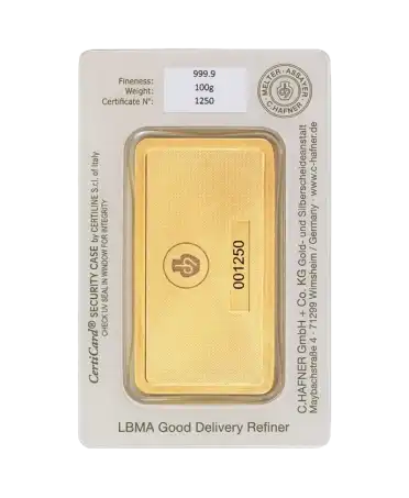 arrière du lingot de 100 Grammes de C. HAFNER d'or pur 24K en vente disponible chez VIRTU LUXURY