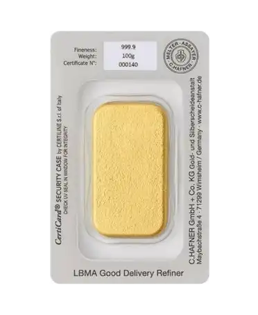 achterkant van de gegoten baar van 100 gram van C. HAFNER van zuiver gegoten 24k goud te koop en beschikbaar bij VIRTU LUXURY