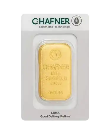 voorkant van de gegoten 100 gram C. HAFNER 24k puur goud baren te koop verkrijgbaar bij VIRTU LUXURY