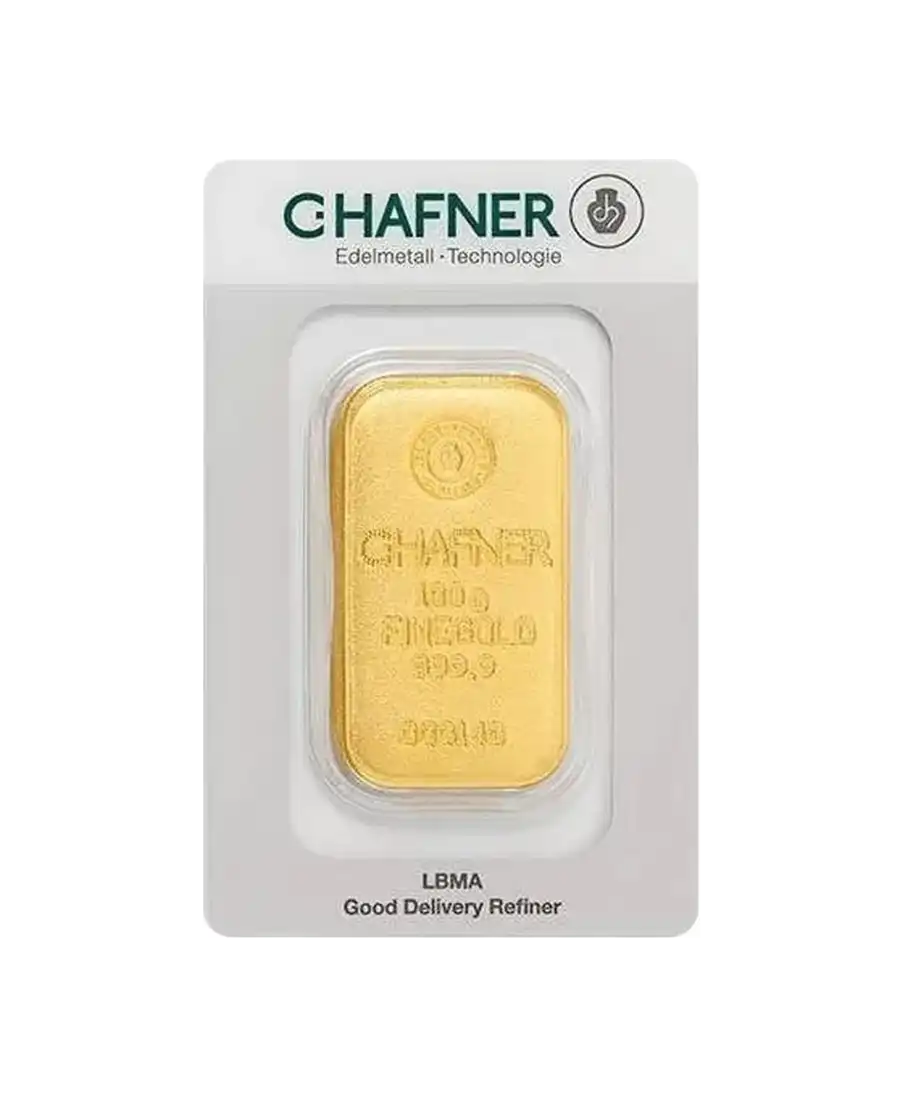 voorkant van de gegoten 100 gram C. HAFNER 24k puur goud baren te koop verkrijgbaar bij VIRTU LUXURY
