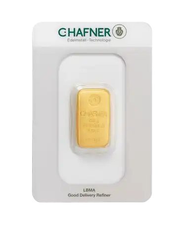 voorkant van de gegoten staaf van 250 gram C. HAFNER puur 24K gegoten goud te koop beschikbaar bij VIRTU LUXURY