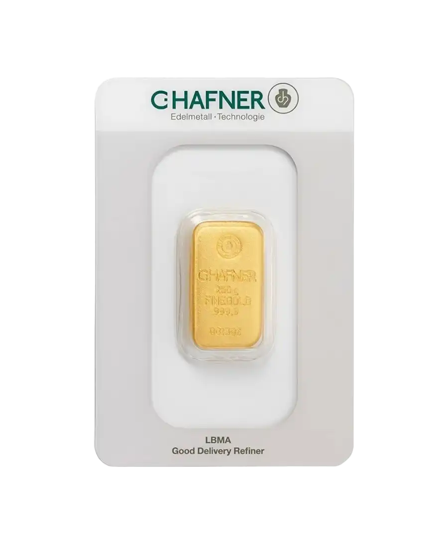 voorkant van de gegoten staaf van 250 gram C. HAFNER puur 24K gegoten goud te koop beschikbaar bij VIRTU LUXURY voorkant van de gegoten staaf van 250 gram C. HAFNER puur 24K gegoten goud te koop beschikbaar bij VIRTU LUXURY