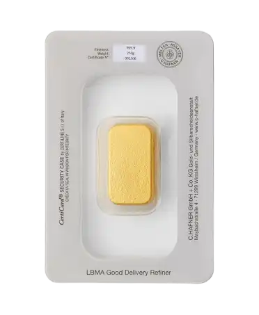 achterkant van de gegoten bar van 250 gram C. HAFNER van 24K gerecycled en gegoten zuiver goud te koop bij VIRTU LUXURY