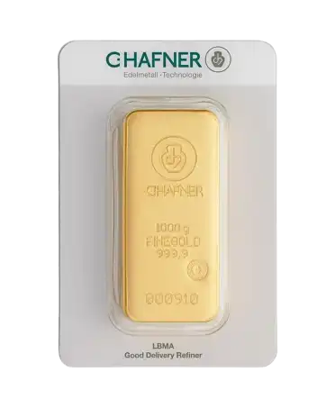 voorkant van de gegoten 1 kilogram C. HAFNER 24k puur gerecycled goud baren te koop verkrijgbaar bij VIRTU LUXURY