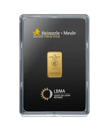 voorkant van de 5 Gram Goudbaar van HEIMERLE MEULE puur goud 24K te koop verkrijgbaar bij VIRTU LUXURY