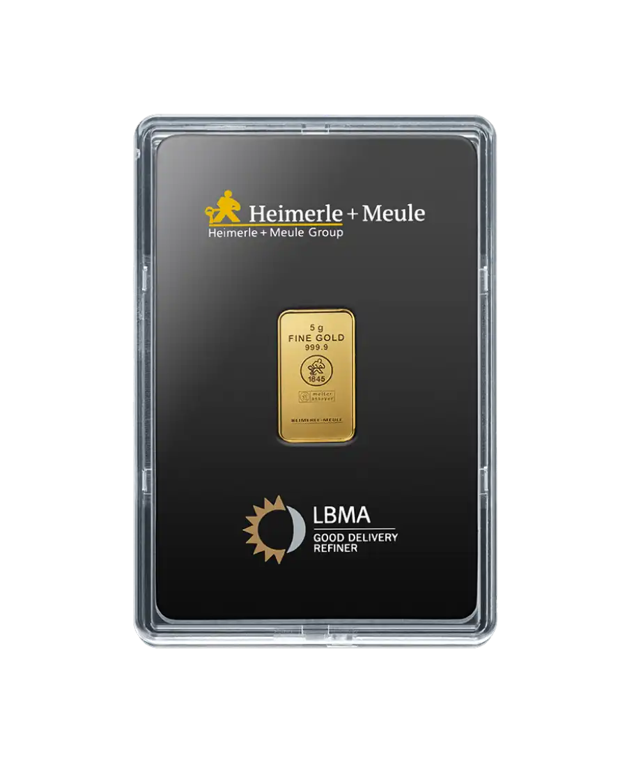 voorkant van de 5 Gram Goudbaar van HEIMERLE MEULE puur goud 24K te koop verkrijgbaar bij VIRTU LUXURY