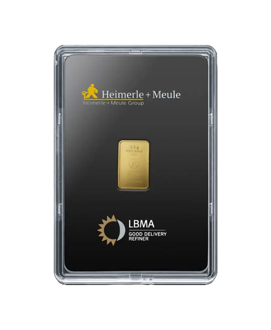 voorkant van de goudbaar van 2,5 gram van HEIMERLE ET MEULE van 24K zuiver gerecycled goud te koop en verkrijgbaar bij VIRTU LUXURY