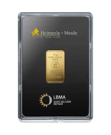 voorkant van de geslagen goudbaar van 10 gram van HEIMERLE + MEULE van zuiver 24k goud te koop en verkrijgbaar bij VIRTU LUXURY