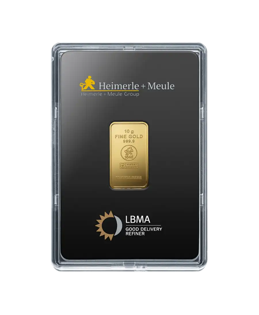 voorkant van de geslagen goudbaar van 10 gram van HEIMERLE + MEULE van zuiver 24k goud te koop en verkrijgbaar bij VIRTU LUXURY