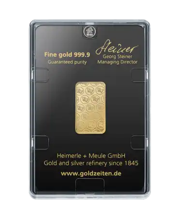 achterkant van de staaf van 10 Gram puur goud 24K van HEIMERLE + MEULE te koop beschikbaar bij VIRTU LUXURY