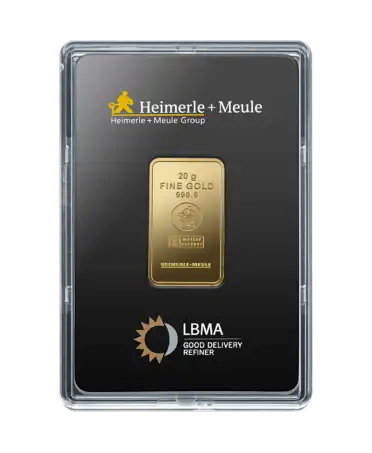 voorkant van de 20 gram HEIMERLE + MEULE goudbaar van zuiver 24k goud te koop en beschikbaar bij VIRTU LUXURY