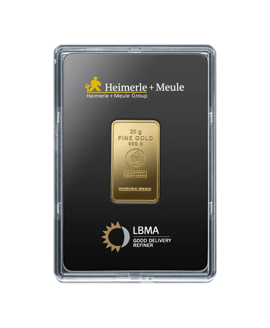 voorkant van de 20 gram HEIMERLE + MEULE goudbaar van zuiver 24k goud te koop en beschikbaar bij VIRTU LUXURY voorkant van de 20 gram HEIMERLE + MEULE goudbaar van zuiver 24k goud te koop en beschikbaar bij VIRTU LUXURY