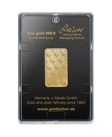 achterkant van de 20 gram HEIMERLE + MEULE baar van zuiver gerecycled 24k goud te koop en beschikbaar bij VIRTU LUXURY