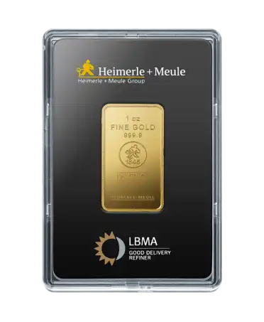 voorkant van de 1 ounce HEIMERLE + MEULE goudbaar van gerecycled 24K puur goud te koop en verkrijgbaar bij VIRTU LUXURY